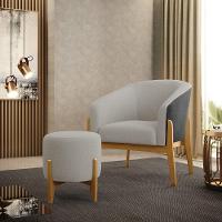 Poltrona E Puff Decorativo Base Madeira Stella Pu Preto/bouclê Cinza D03 - D'rossi - 2