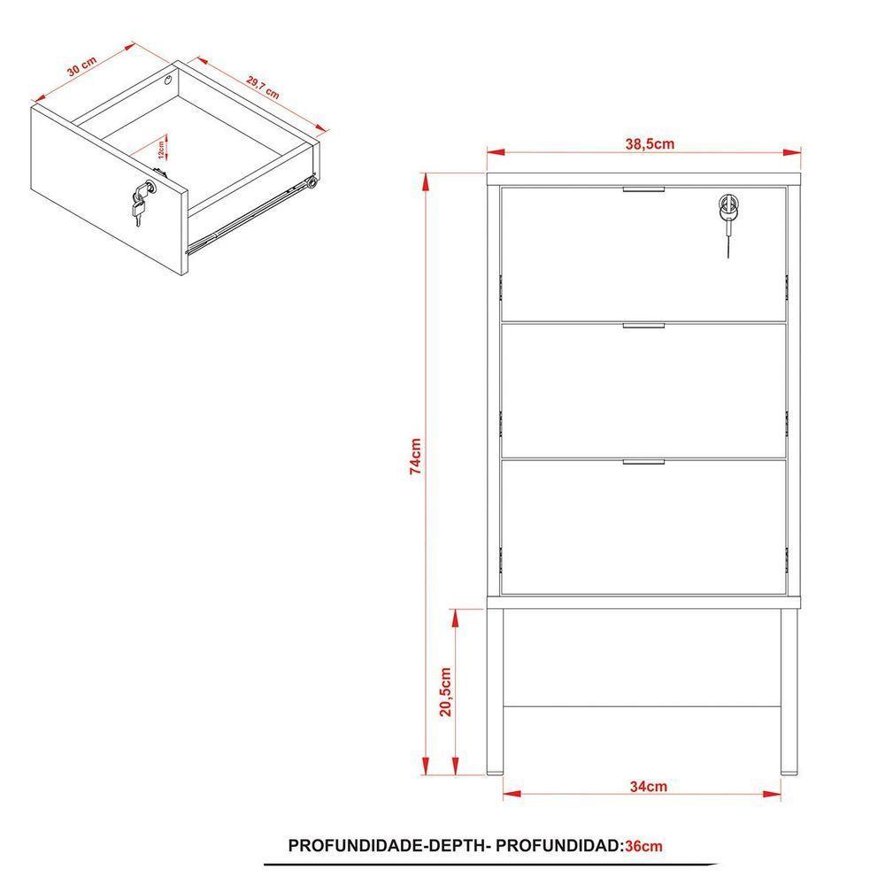 Gaveteiro Para Escritório 3 Gavetas Com Chave Amêndoa/preto - 7
