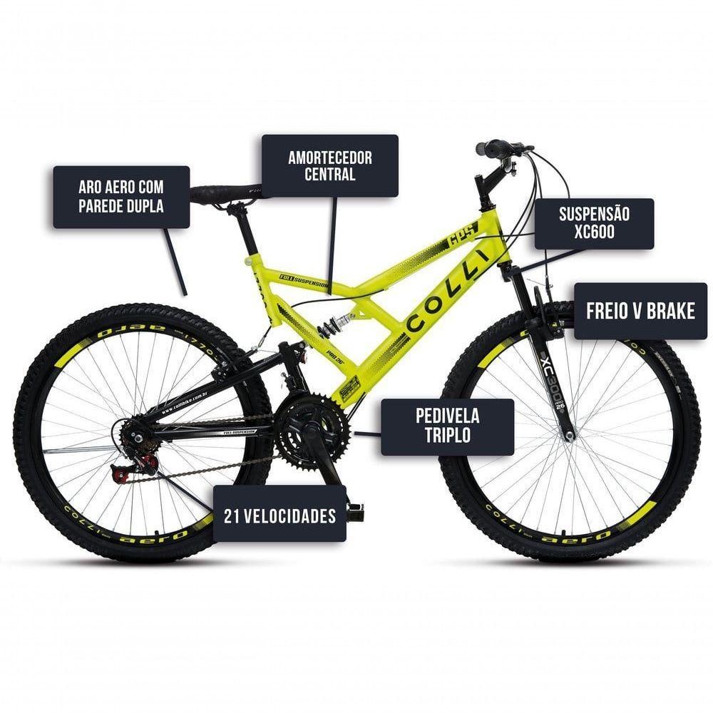 Bicicleta Gps 148 Dupla Suspensão E Freios V-brake, Aro 26 Aero, 36 Raias, 21 Marchas Colli Amarelo Neon - 5