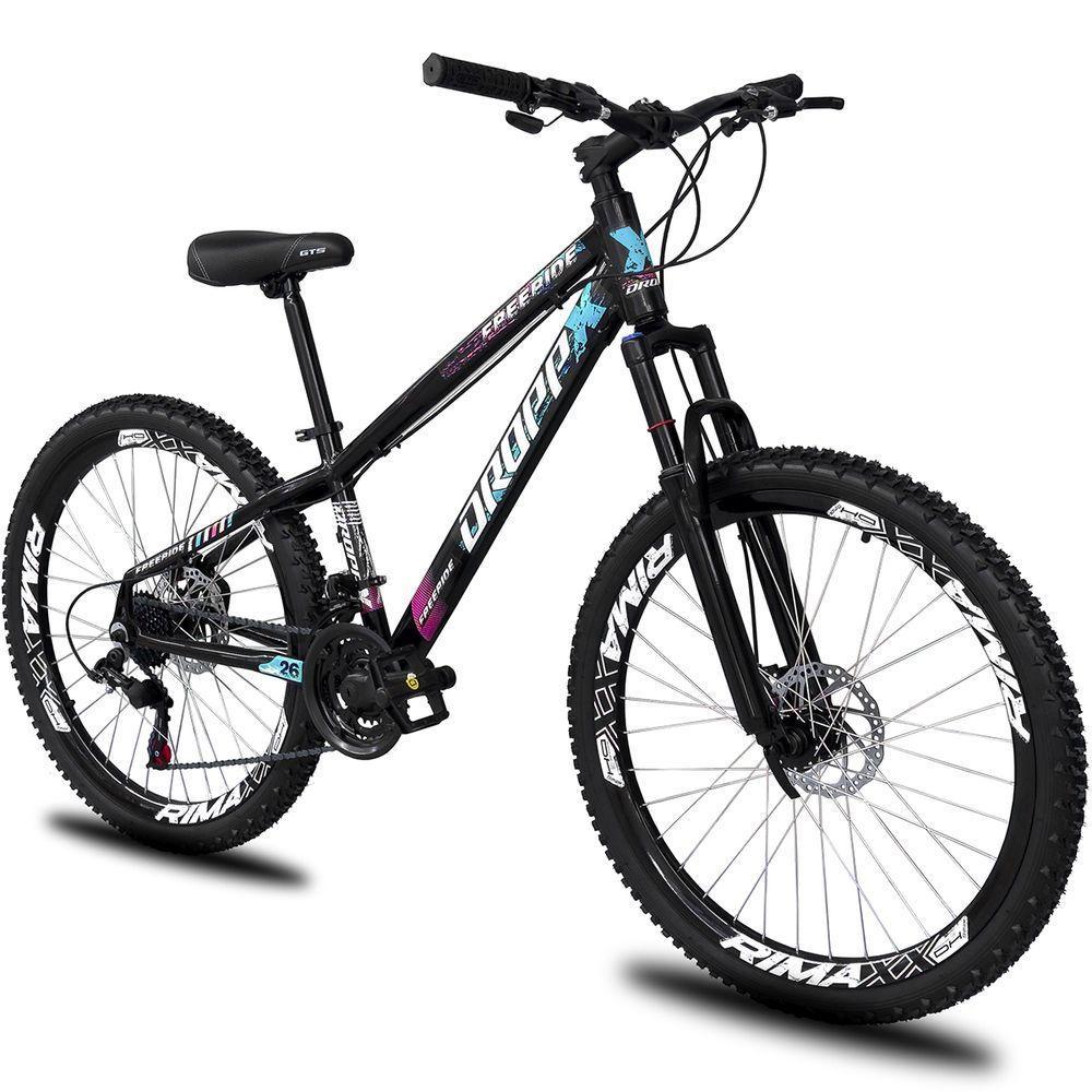 Bicicleta Aro 26 Dropp Freeride Alumínio 21m Freios A Disco Cãmbios Shimano - Preto Azul e Rosa - 1