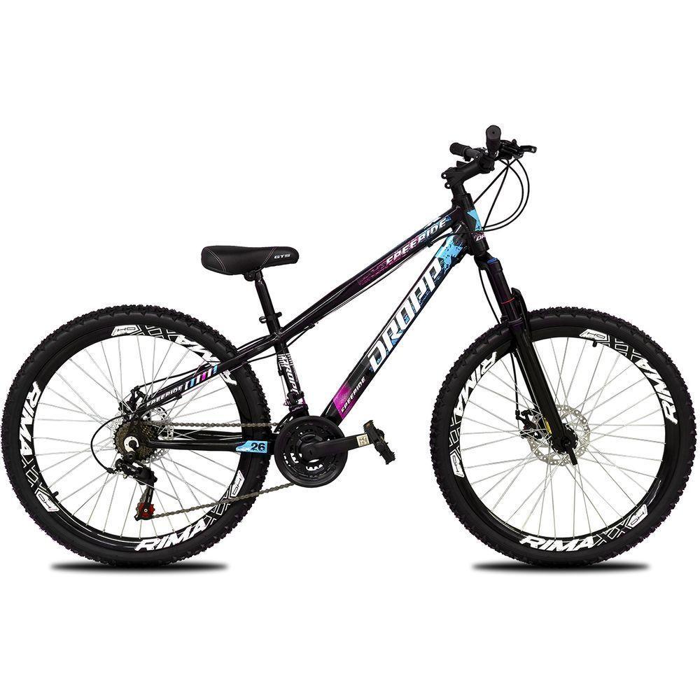 Bicicleta Aro 26 Dropp Freeride Alumínio 21m Freios A Disco Cãmbios Shimano - Preto Azul e Rosa - 2