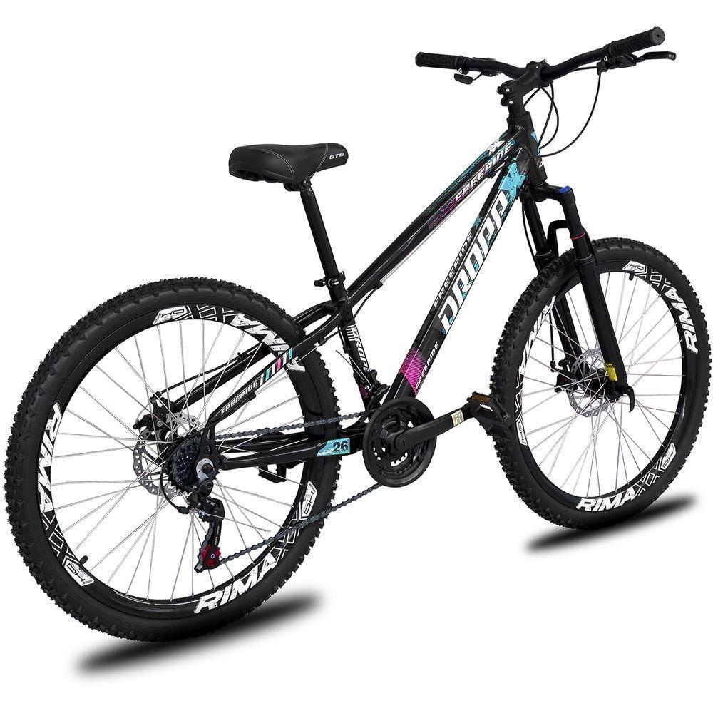 Bicicleta Aro 26 Dropp Freeride Alumínio 21m Freios A Disco Cãmbios Shimano - Preto Azul e Rosa - 3