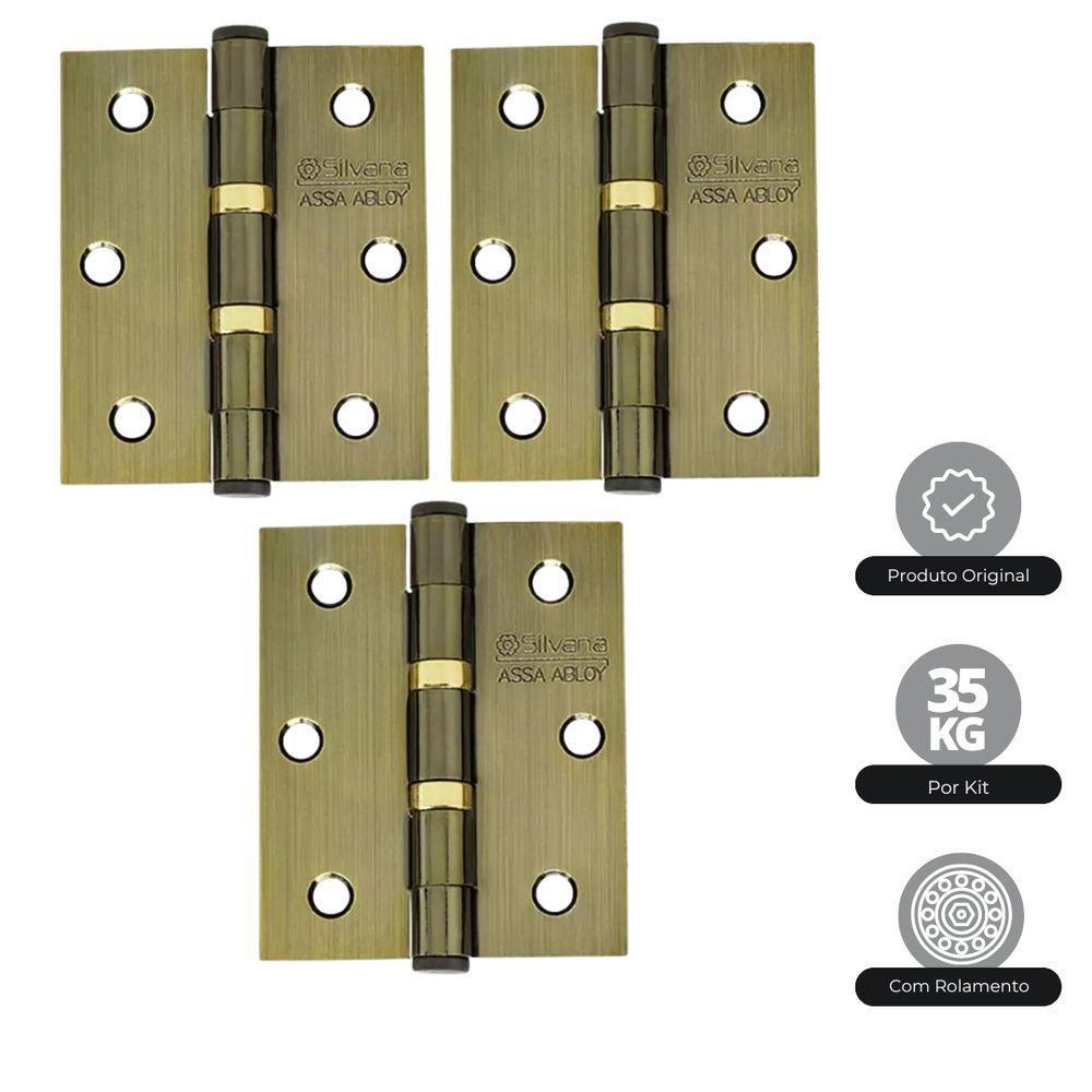Dobradiça Para Porta Silvana 3.1/2 Com Rolamento 891 Embutir 35kg Colonial Com 3 Peças - 2