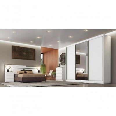 Guarda Roupa Casal Logan 3 Portas de Correr 8 Gavetas Branco MDF com Espelho