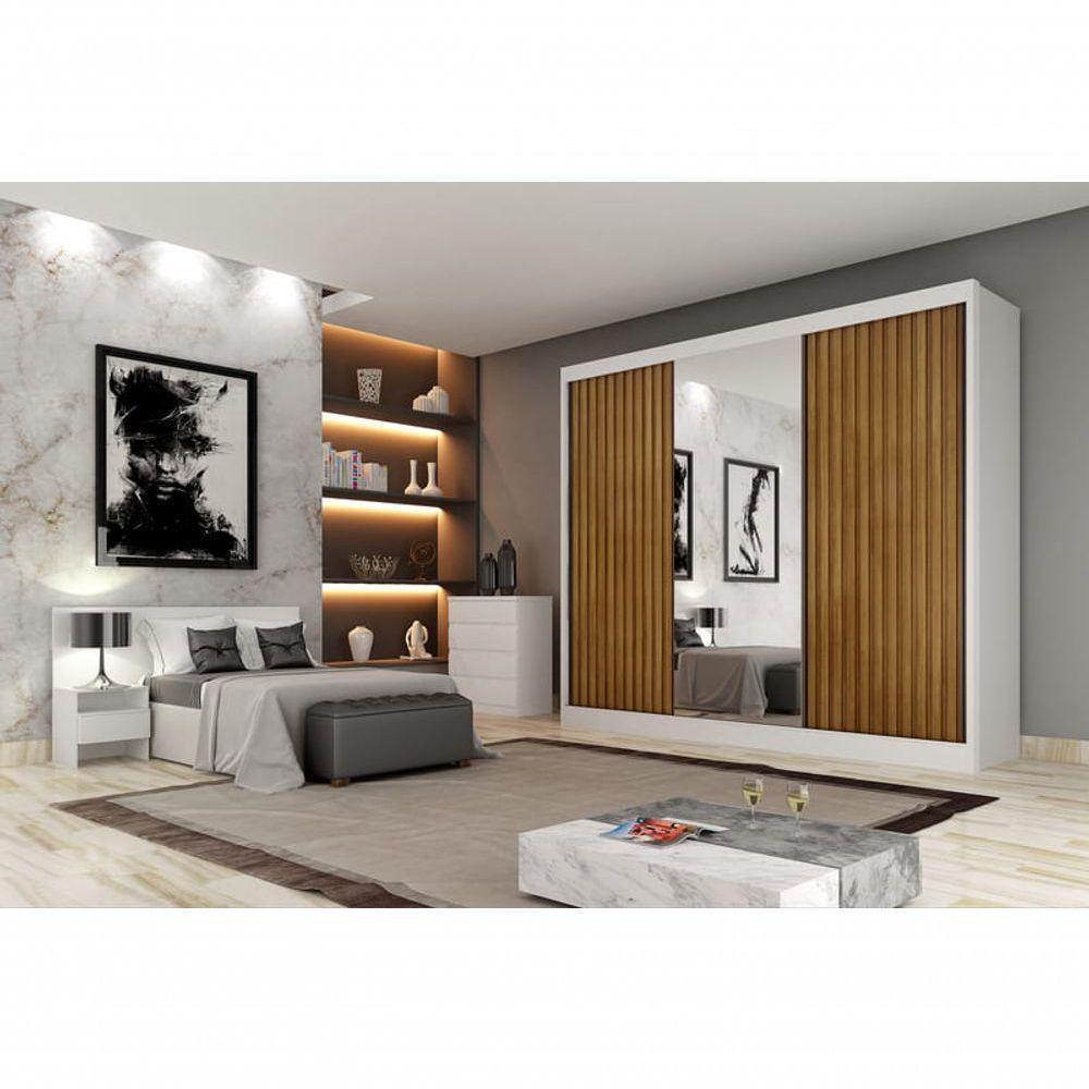 Guarda Roupa Casal Ripado Com Espelho 3 Portas 4 Gavetas - Royale-branco - Móveis Novo Horizonte - 1