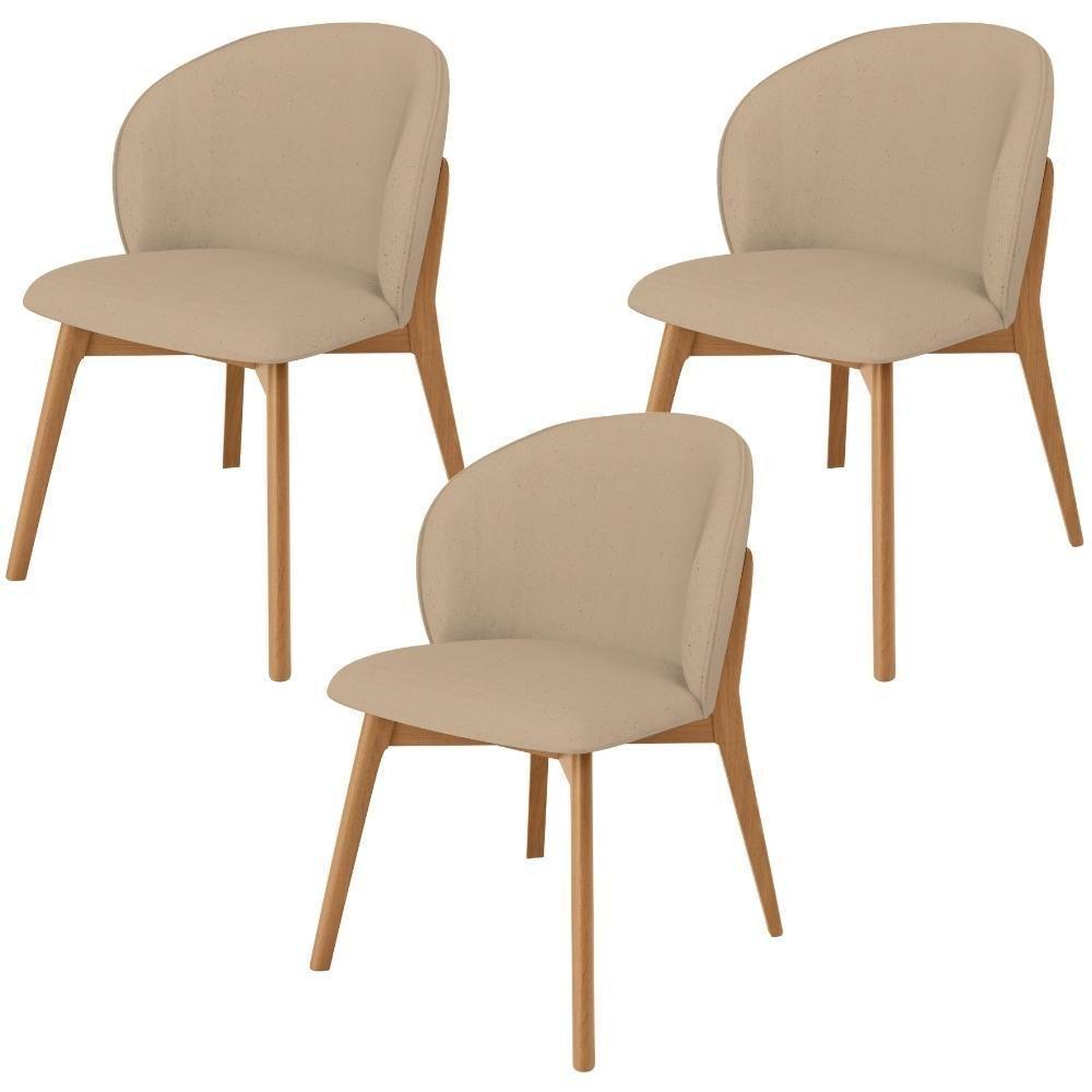 Kit 03 Cadeiras De Jantar E Estar Living Estofada Mia L02 Linho Bege Escuro - Lyam Decor - 1