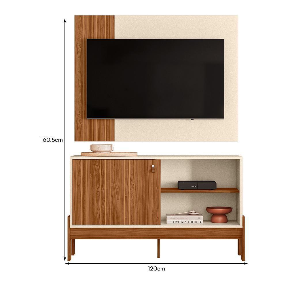 Rack Bancada Com Painel Wood 120cm Cinamomo Mel/off White Para Tv Até 42” - Mobler Cinamomo Mel/off White - 5
