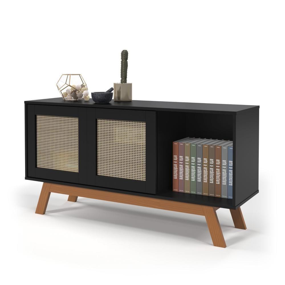 Rack Buffet Com Duas Porta De Correr Rattan Pés Em Madeira Preto - Ofertamo - 4