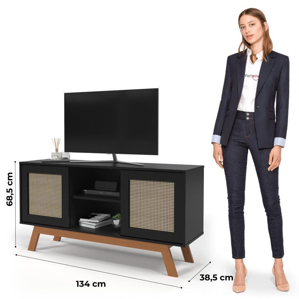 Rack Buffet Com Duas Porta De Correr Rattan Pés Em Madeira Preto - Ofertamo - 5