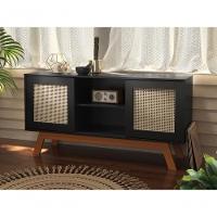 Rack Buffet Com Duas Porta De Correr Rattan Pés Em Madeira Preto - Ofertamo - 1