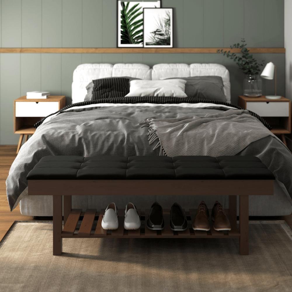 Banco Em Madeira Almofadado Com Sapateira Preto - 2