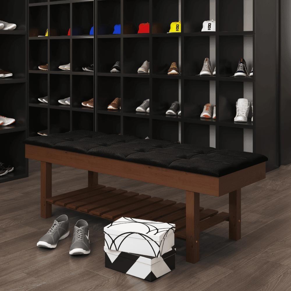 Banco Em Madeira Almofadado Com Sapateira Preto - 4