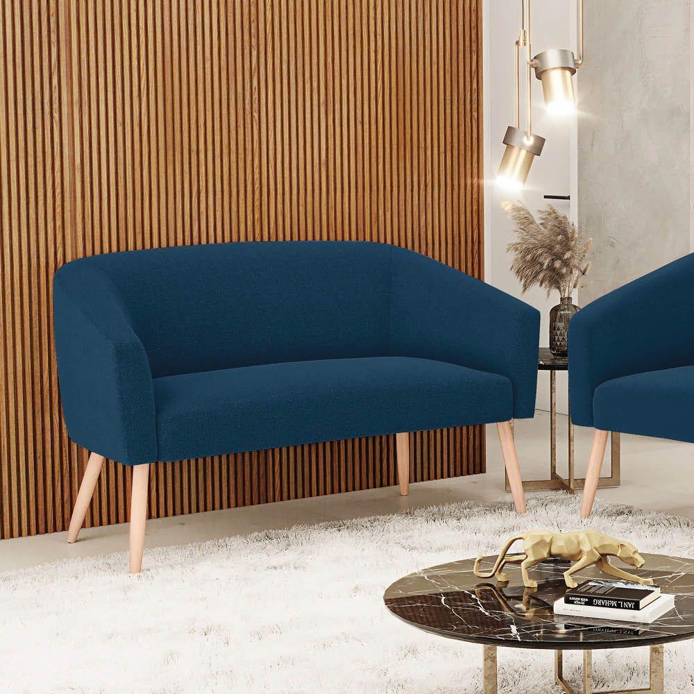 Sofá 2 Lugares Namoradeira Pé Palito Natural Stella Bouclê Azul D03 - D'rossi - 1