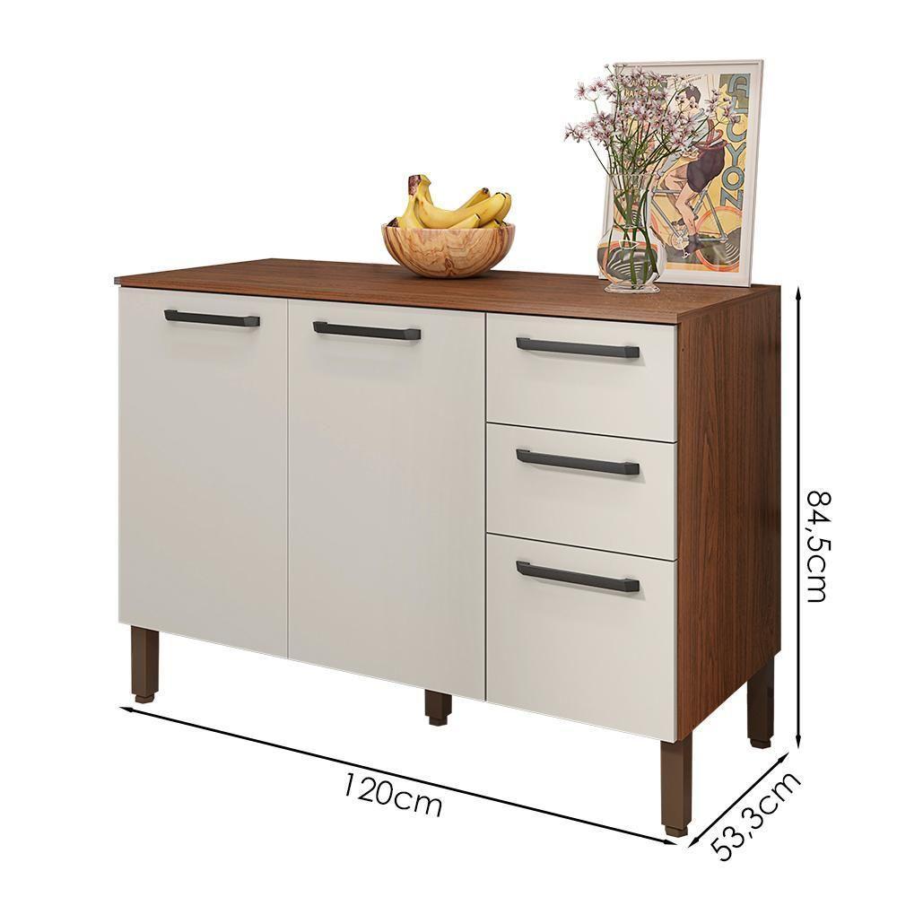 Balcao Com Tampo 3 Portas 2 Gavetas 120 Cm Mad Versalhes Ktp Nogueira Off White - 3