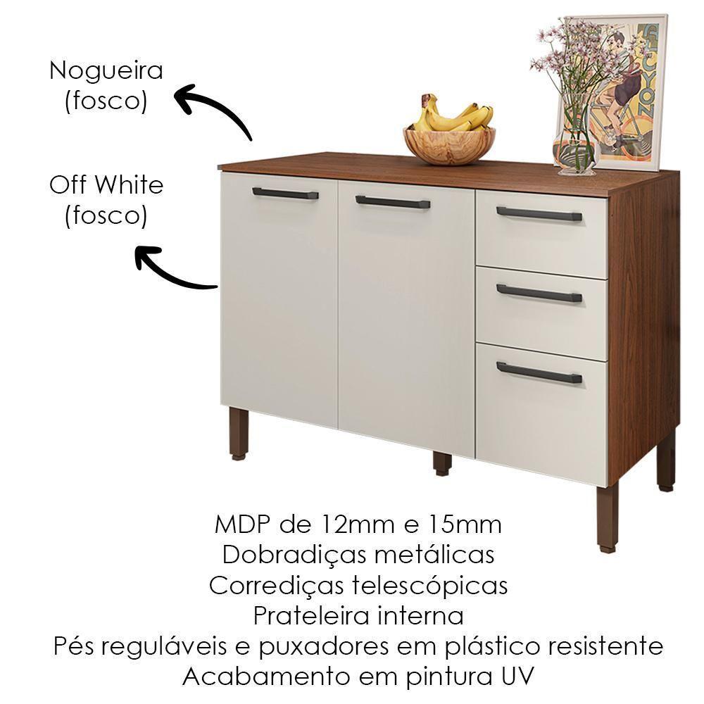 Balcao Com Tampo 3 Portas 2 Gavetas 120 Cm Mad Versalhes Ktp Nogueira Off White - 4