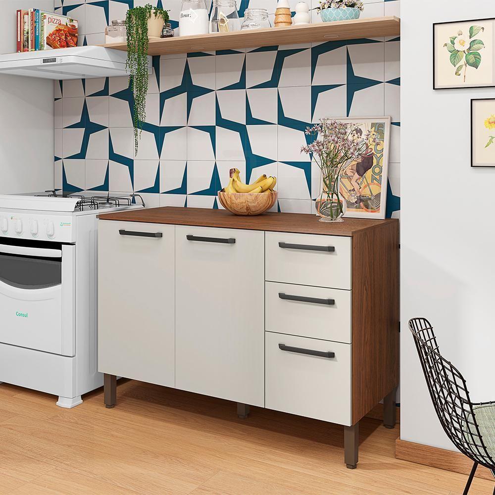 Balcao Com Tampo 3 Portas 2 Gavetas 120 Cm Mad Versalhes Ktp Nogueira Off White - 7