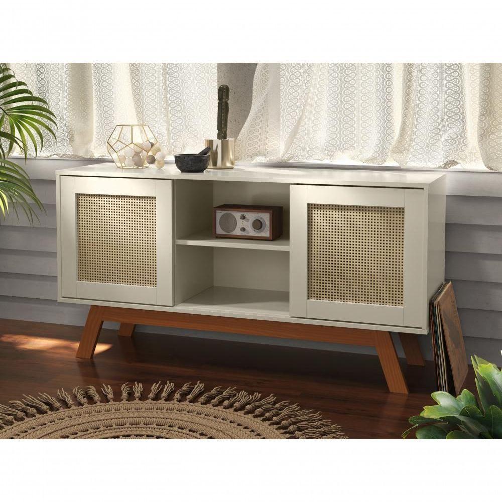 Rack Buffet Com Duas Porta De Correr Rattan Pés Em Madeira Off White - Ofertamo - 1