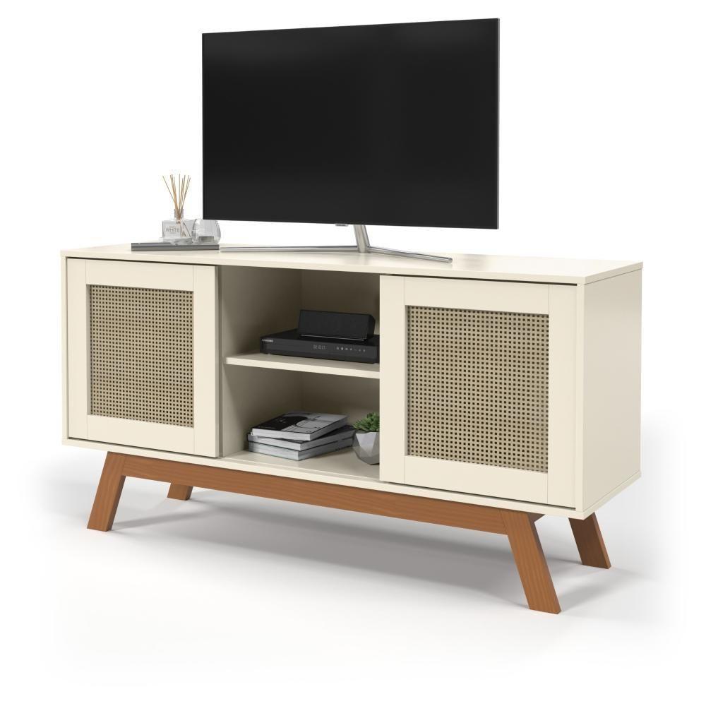 Rack Buffet Com Duas Porta De Correr Rattan Pés Em Madeira Off White - Ofertamo - 4