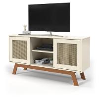 Rack Buffet Com Duas Porta De Correr Rattan Pés Em Madeira Off White - Ofertamo