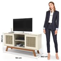 Rack Buffet Com Duas Porta De Correr Rattan Pés Em Madeira Off White - Ofertamo - 5