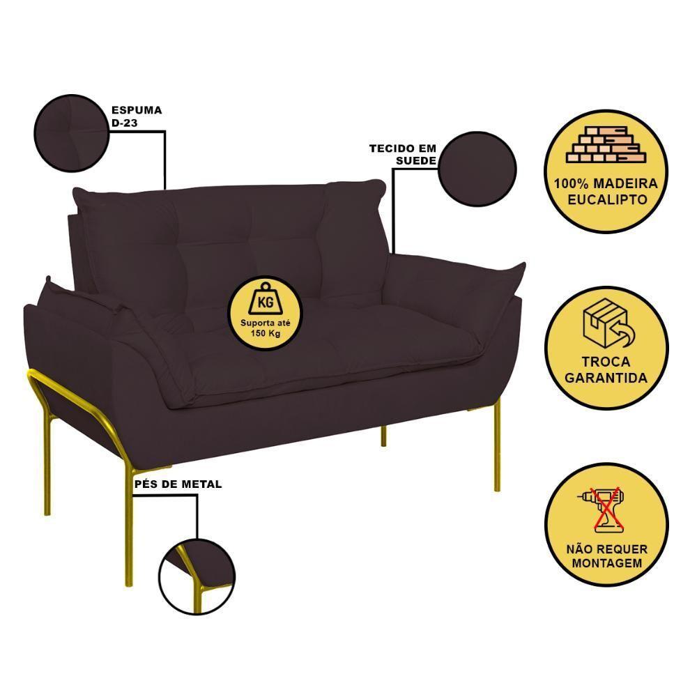 Kit 2 Poltronas + Namoradeira Pé Metal Dourado Recepção Sala Cinza - 3