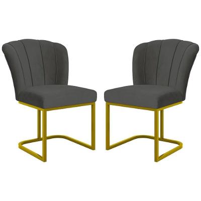 Kit 2 Cadeiras Poltrona Flor Cadeira de Jantar Veludo Cinza Dourado Balaqui Decor