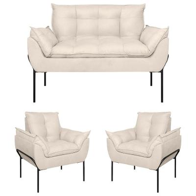 Kit 2 Poltronas e Namoradeira Opala Sala de Estar Suede Bege Balaqui Estofados