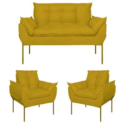 Kit 2 Poltronas + Namoradeira Pé Metal Dourado Recepção Sala Amarelo