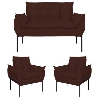 Kit 2 Poltronas e Namoradeira Opala Para Sala Suede Marrom Balaqui Estofados