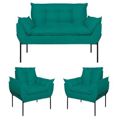 Kit 02 Poltronas Opala + Namoradeira Base Metal Preta Azul Turquesa