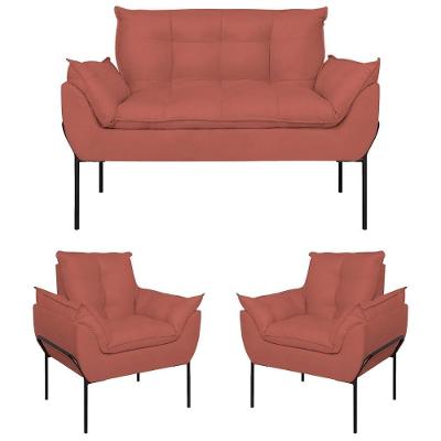 Kit 02 Poltronas Opala + Namoradeira Base Metal Preta Rosa