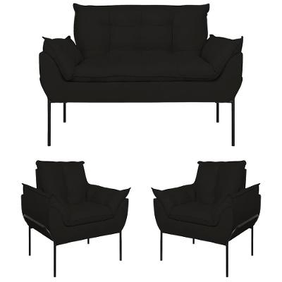 Kit 2 Poltronas e Namoradeira Opala Sofá Base Metal Suede Preto Balaqui Estofados