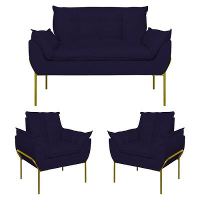 Kit 2 Poltronas e Namoradeira Opala Sofá Base Metal Azul Suede Balaqui Estofados