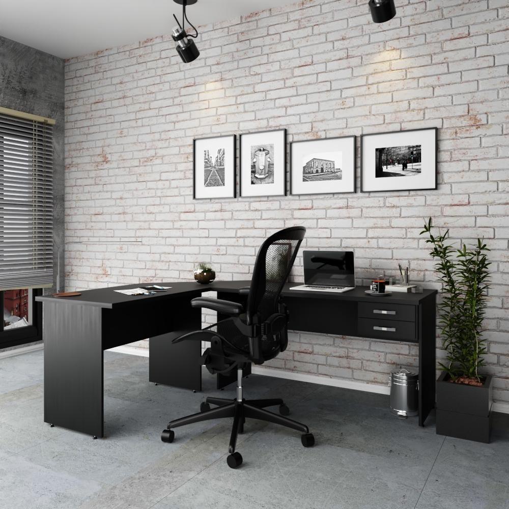 Escrivaninha Mesa De Escritório Em L 1,80x1,40m C-02gavetas Preto ônix - 1