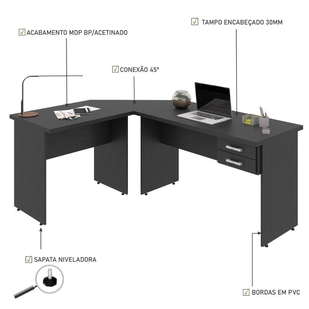 Escrivaninha Mesa De Escritório Em L 1,80x1,40m C-02gavetas Preto ônix - 2