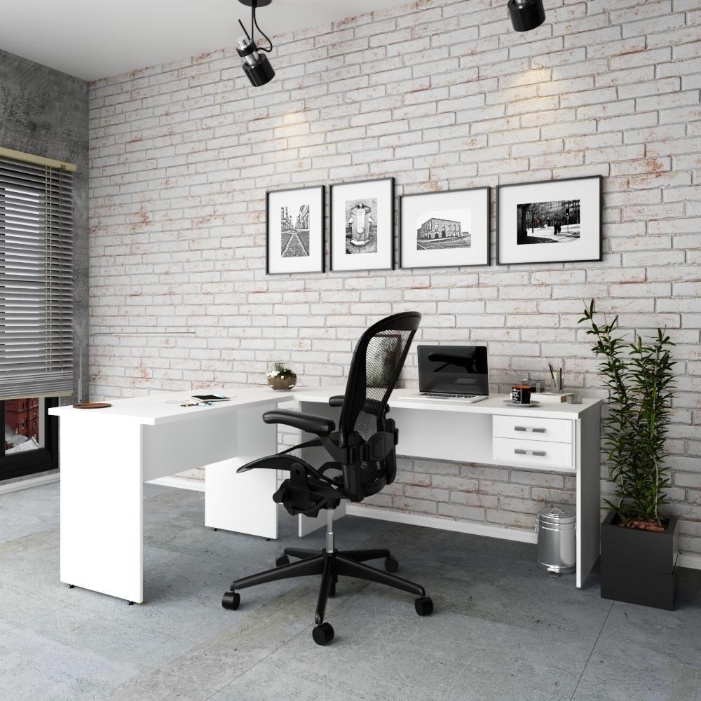 Escrivaninha Mesa De Escritório Em L 1,80x1,40m C-02gavetas Branco Chess - 1