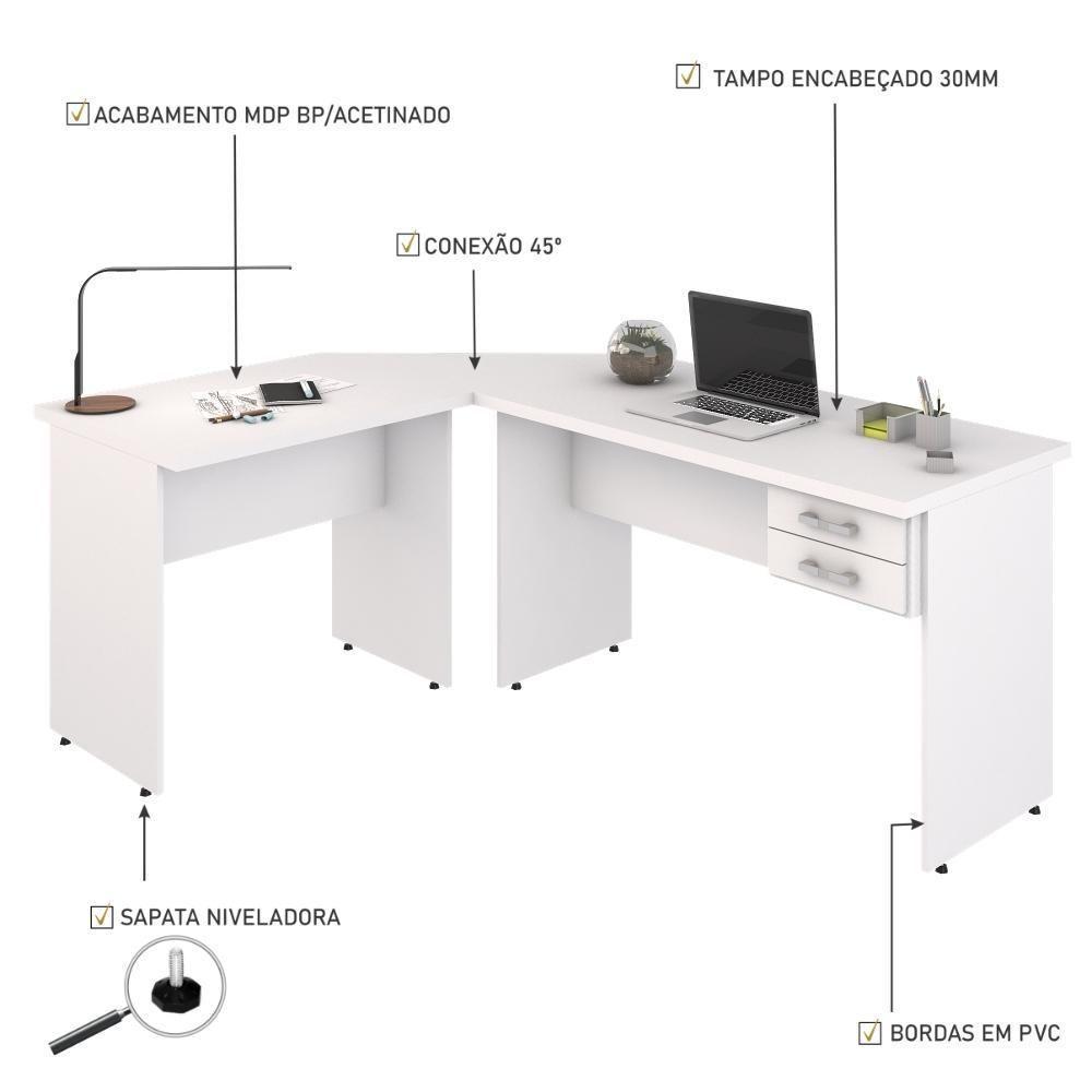 Escrivaninha Mesa De Escritório Em L 1,80x1,40m C-02gavetas Branco Chess - 2
