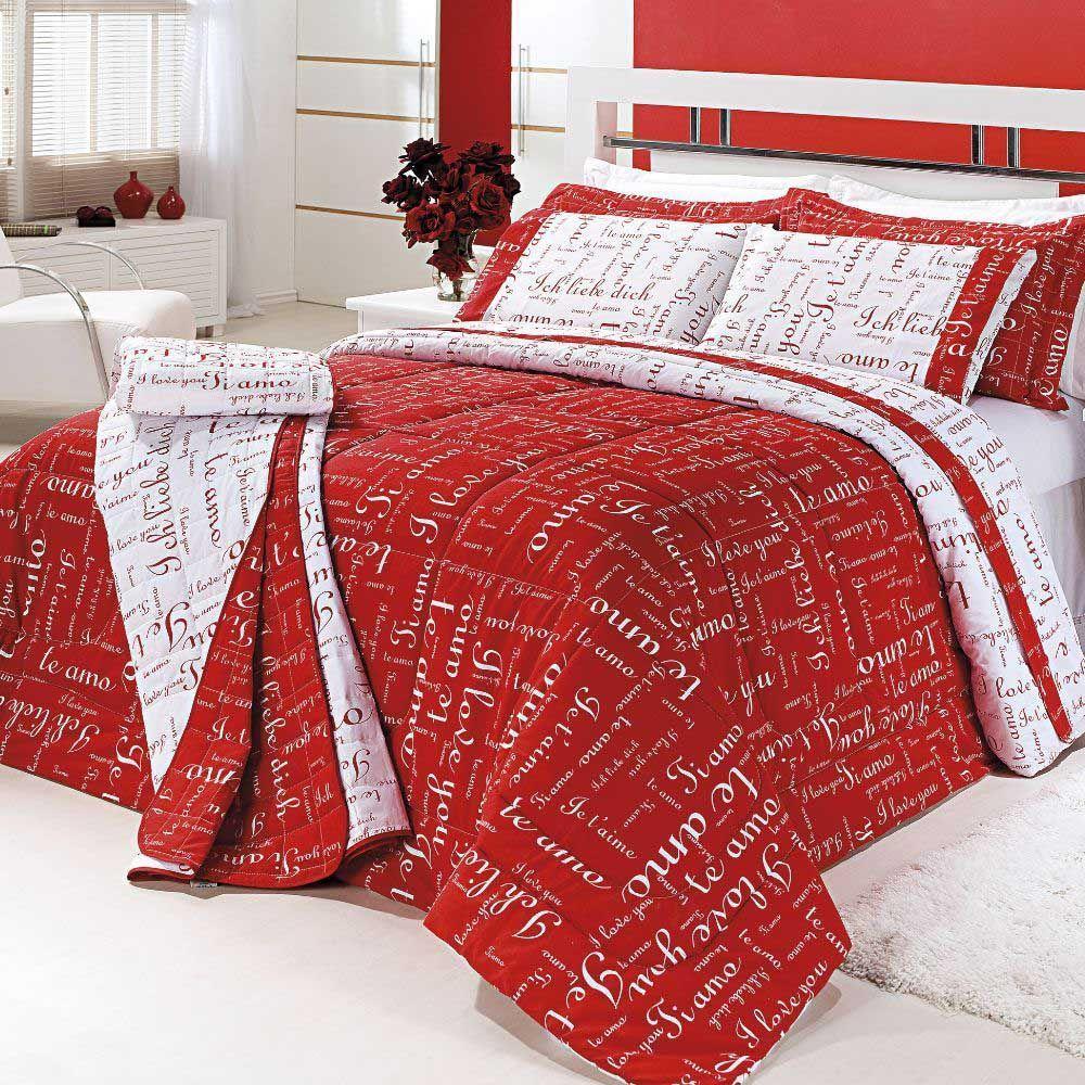 Kit Edredom Te Amo Queen 5 Peças Dupla Face 100% Algodão Percal 150 Fios - Vermelho/branco - 1