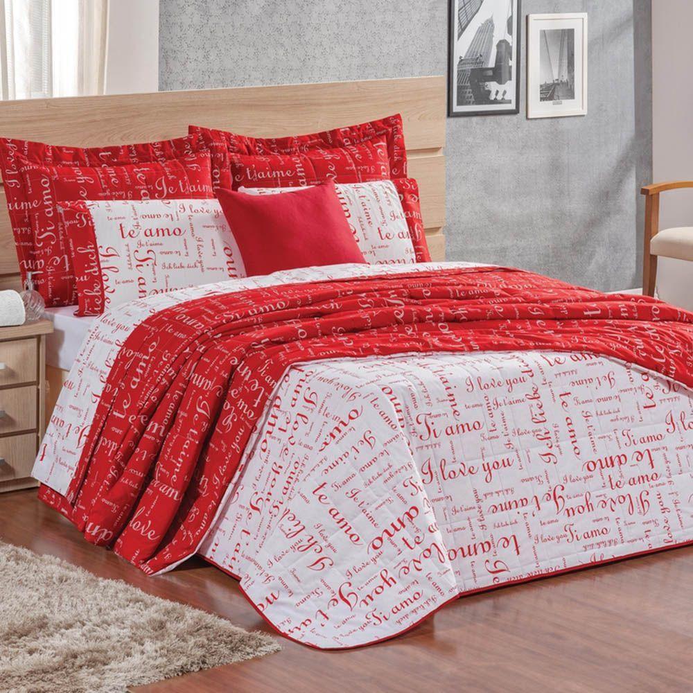 Kit Cobre Leito Colcha Te Amo Queen 3 Peças Dupla Face 100% Algodão Percal 150 Fios - Vermelho/branco - 1