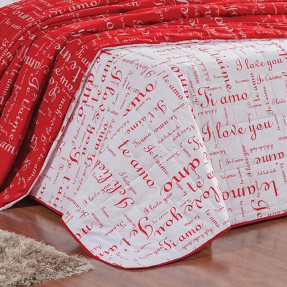 Kit Cobre Leito Colcha Te Amo Queen 3 Peças Dupla Face 100% Algodão Percal 150 Fios - Vermelho/branco - 2