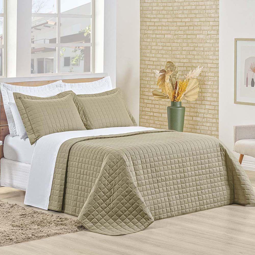 Kit Cobre Leito Colcha Eden Casal 3 Peças Percal 150 Fios 100% Algodão - Cáqui - 1