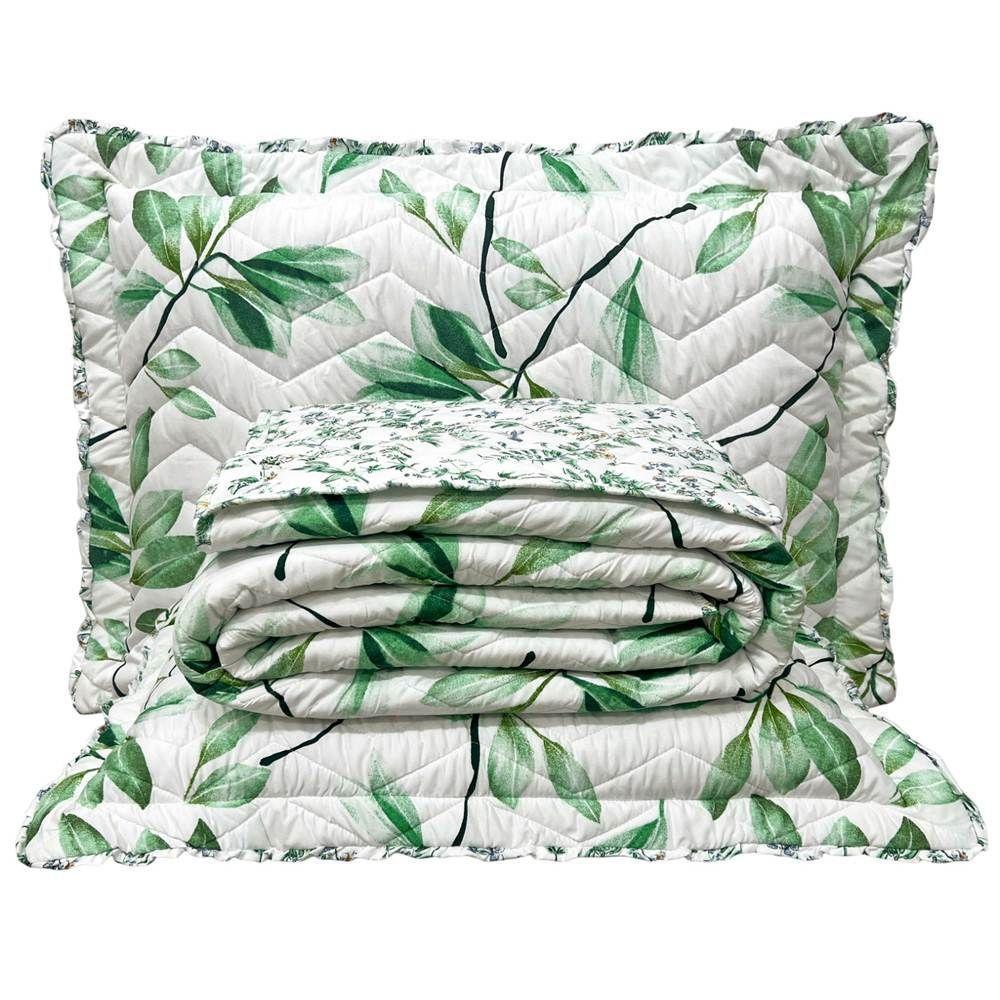 Cobre Leito King Confort Print Micropercal 300 Fios Toque De Algodão 3 Peças - Flores Verdes - 1