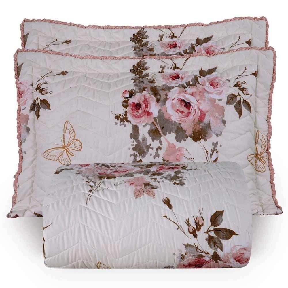 Cobre Leito Queen Confort Print Micropercal 300 Fios Toque De Algodão 3 Peças - Flores Rose - 1