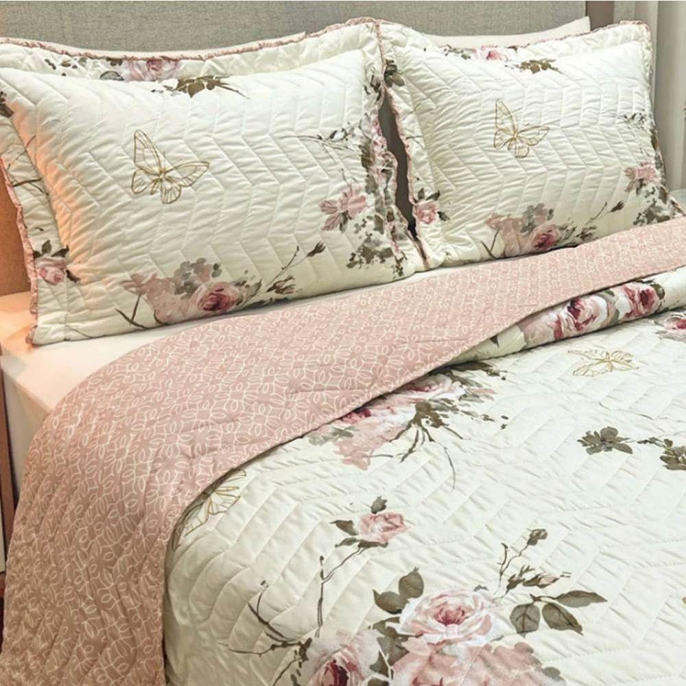 Cobre Leito Queen Confort Print Micropercal 300 Fios Toque De Algodão 3 Peças - Flores Rose - 4