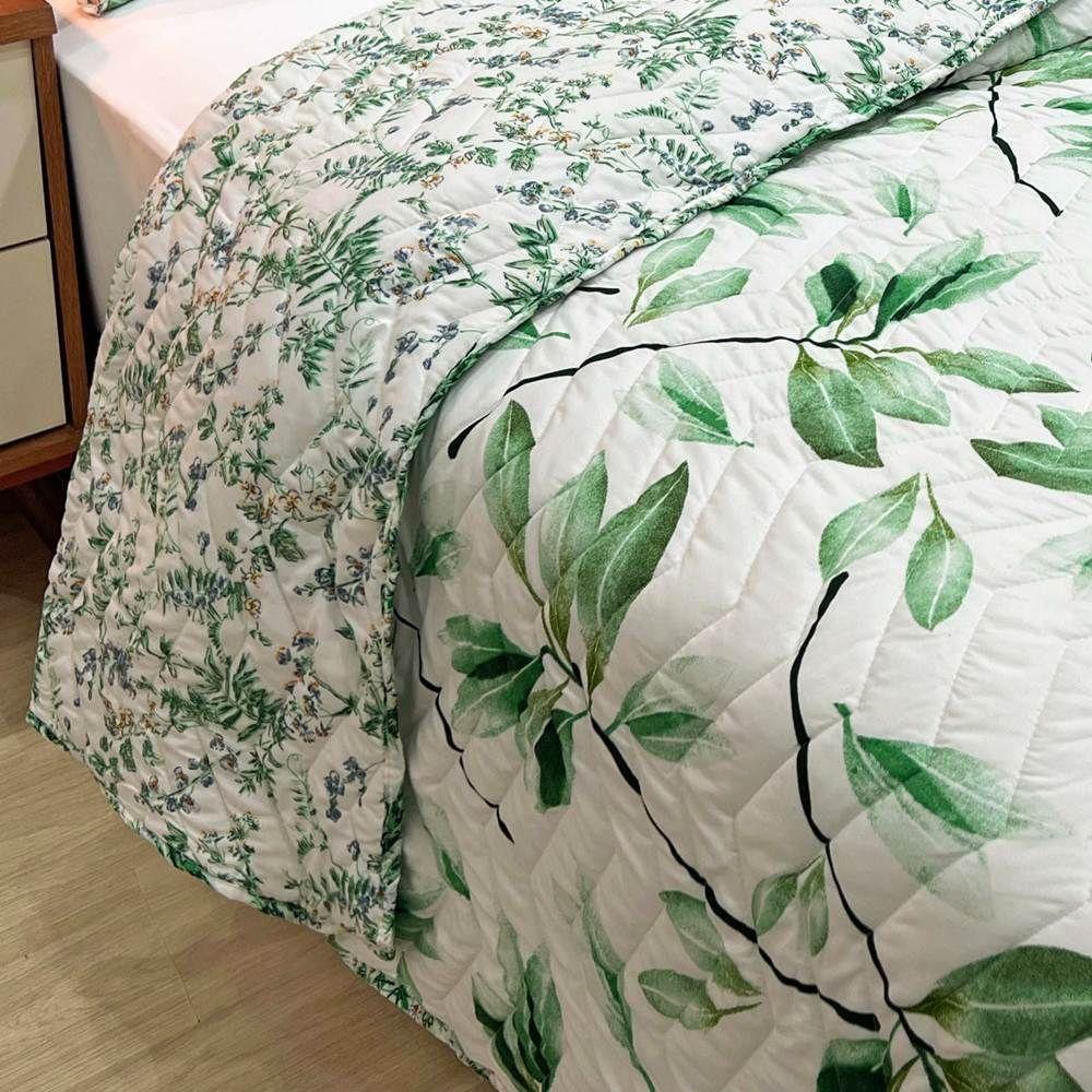 Cobre Leito Queen Confort Print Micropercal 300 Fios Toque De Algodão 3 Peças - Flores Verdes - 3