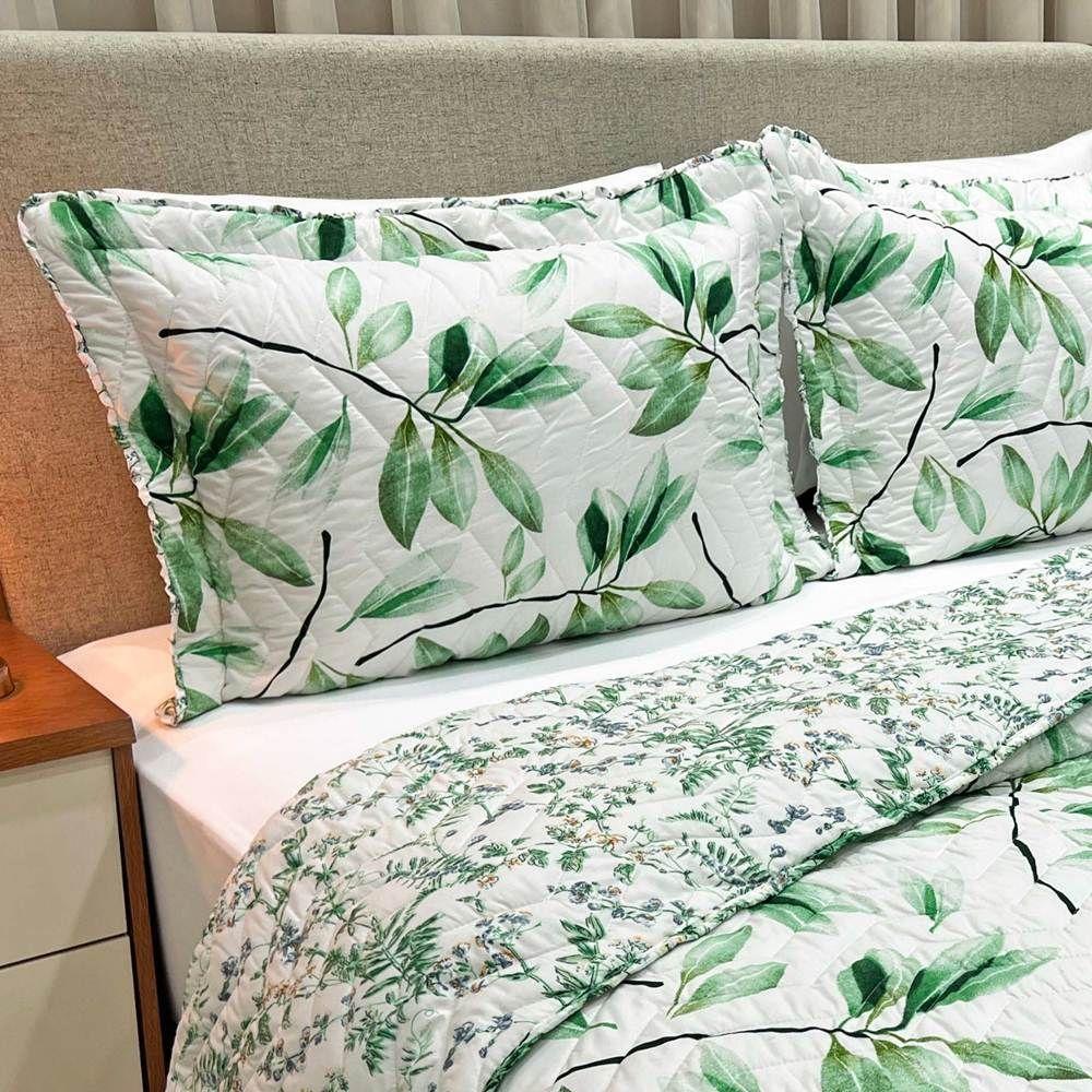 Cobre Leito Queen Confort Print Micropercal 300 Fios Toque De Algodão 3 Peças - Flores Verdes - 4