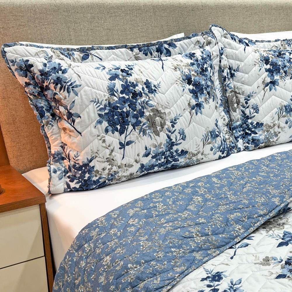 Cobre Leito King Confort Print Micropercal 300 Fios Toque De Algodão 3 Peças - Flores Azuis - 3