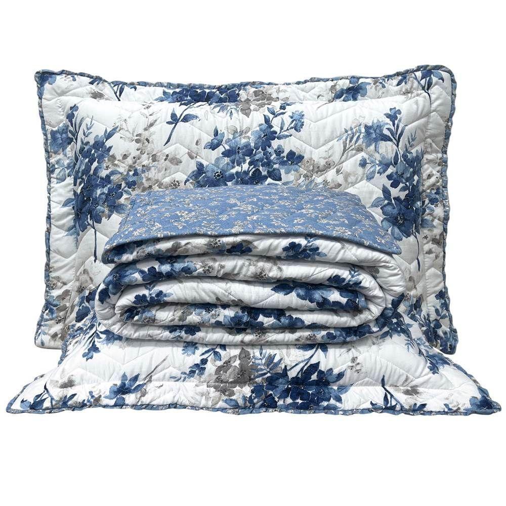 Cobre Leito Queen Confort Print Micropercal 300 Fios Toque De Algodão 3 Peças - Flores Azuis - 1