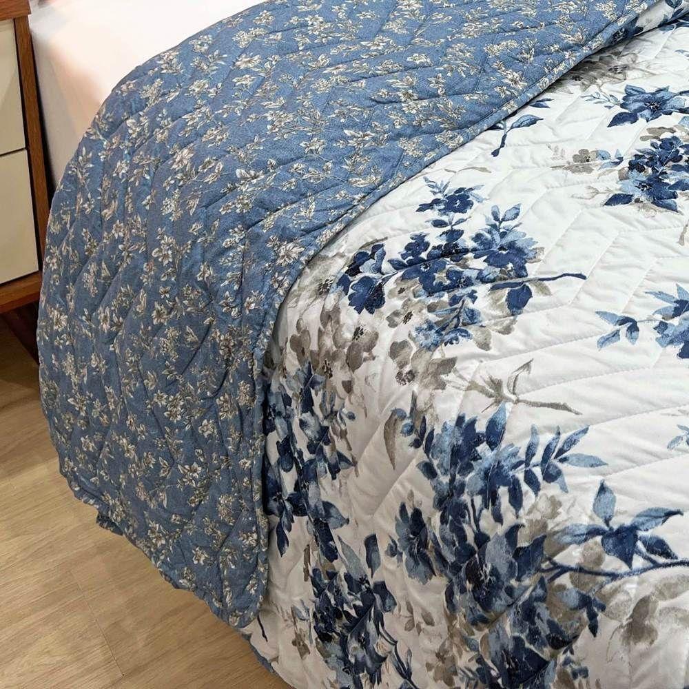 Cobre Leito Queen Confort Print Micropercal 300 Fios Toque De Algodão 3 Peças - Flores Azuis - 4