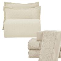 Kit Cobre Leito Queen + Jogo De Lençol Micropercal 300 Fios Com Bordado Inglês Santorini 7 Peças - Bege - 1